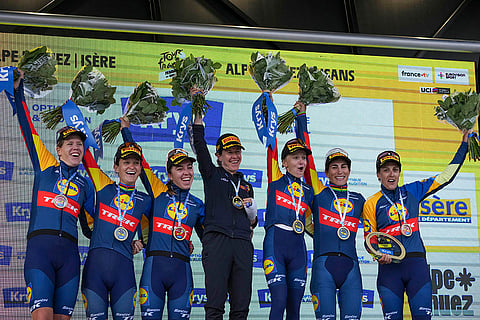 Tour de France Women cycling race: Best team Lidl - Trek riders celebrates after the eighth stage